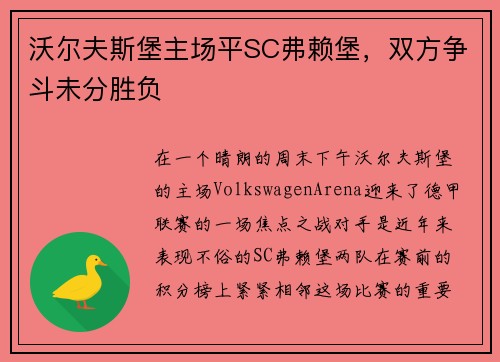 沃尔夫斯堡主场平SC弗赖堡，双方争斗未分胜负