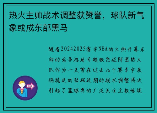 热火主帅战术调整获赞誉，球队新气象或成东部黑马